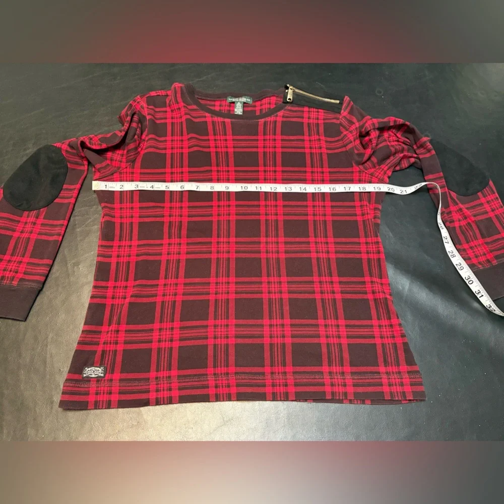 Ralph Lauren Red & Black Plaid Blouse with shoulder zip and elbow patches. XL - Picture 8 of 12